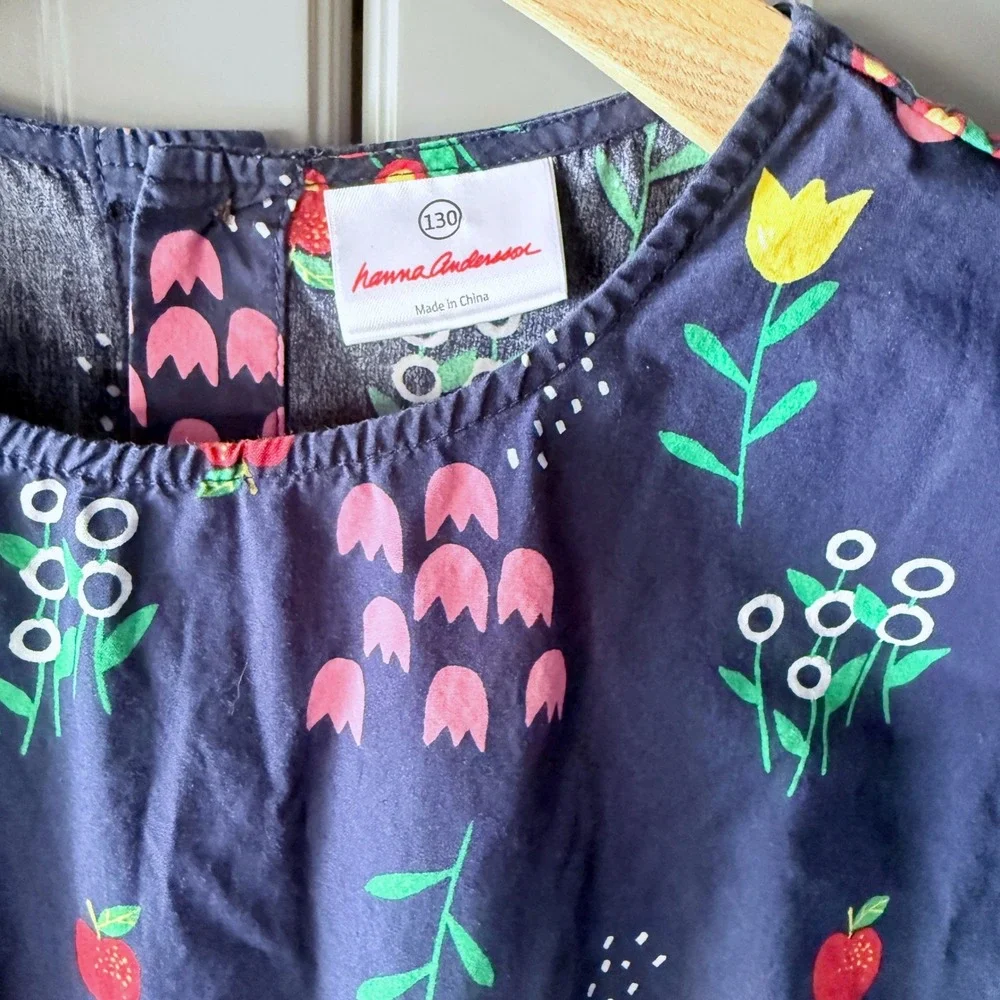 Hanna Andersson Girls Floral Fruit Print Drop Waist Dress, Navy Multi,8